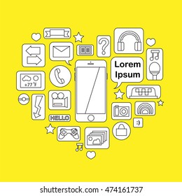 Hand-drawn smartphone icon with communication application: call, email, photo camera, instant message, music, game playing. Connection gadget with functions concept vector illustration with text place