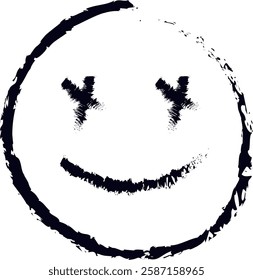 Hand-drawn smiley face with rough, uneven lines, "X" eyes, and a curved smile. Playful, mischievous, quirky