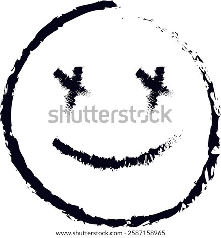 Hand-drawn smiley face with rough, uneven lines, "X" eyes, and a curved smile. Playful, mischievous, quirky