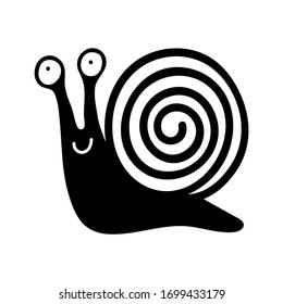 Hand-drawn smiling snail isolated on a white background. Black and white cartoon illustration for babies.