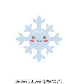 Copo de nieve sonriente dibujado a mano sobre fondo blanco. Tonos azules claros, cara alegre con colorete. Conveniente para el Clipart del invierno, el diseño festivo, las tarjetas de felicitación, y la decoración estacional.