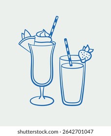 Hand-drawn smoothies. Line art, ink, minimalist style. Vector illustration. Sport collection.