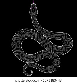 Hand-drawn snake. Illustration with venomous reptile, viper. Vintage design elements for tattoo or logo. Outline vector art on a black background. Symbol of the 2025 year.