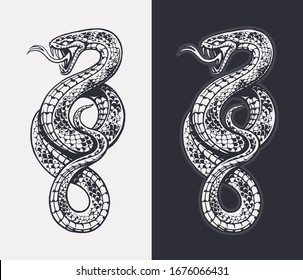 Hand-drawn Snake Isolated On White And Dark Background. Detailed Engraving Vector Art Of Snake. Monochrome Illustration.