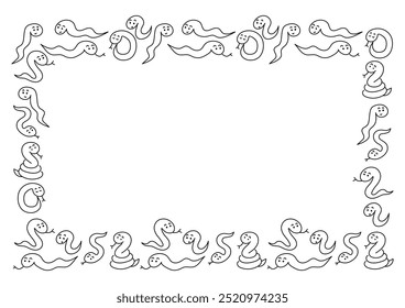 Hand-drawn snake pattern. Vector illustration. Cute frame design. Snakes in various poses. White background.