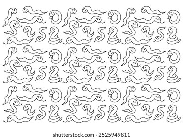 Hand-drawn snake pattern. Vector illustration. Cute snakes in various poses. For backgrounds, wallpapers, wrapping paper and fabrics.