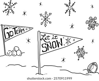 Hand-drawn snow pennant vector doodles. "Let it Snow" pennant and unique snowflakes on a white background. Nostalgic winter scene of playing in the snow. 