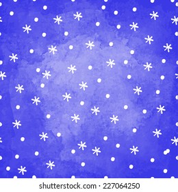 hand-drawn snowfall pattern on blue watercolor paper background
