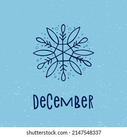 A hand-drawn snowflake. Vector illustration in doodle style. Winter mood. Hello 2023. Merry Christmas and Happy New Year. Blue element on a blue background.