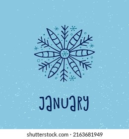 A hand-drawn snowflake. Vector illustration in doodle style. Winter mood. Hello 2023. Merry Christmas and Happy New Year. Blue element on a blue background.
