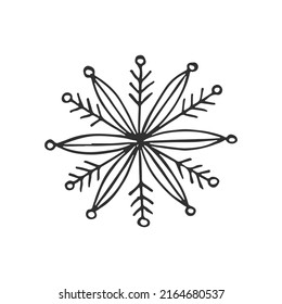 Eine handgezeichnete Schneeflocke. Vektorgrafik im Doodle-Stil. Winterstimmung. Hallo 2023. Frohe Weihnachten und glückliches neues Jahr. Schwarzes Element auf weißem Hintergrund.