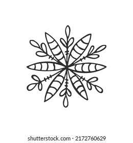 Un copo de nieve dibujado a mano. Ilustración vectorial en estilo doodle. Ánimo de invierno. Hola 2023. Feliz Navidad y Feliz Año Nuevo. Elemento negro sobre fondo blanco.