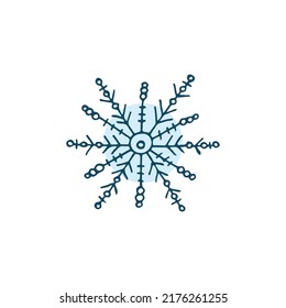 A hand-drawn snowflake. Vector illustration in doodle style. Winter mood. Hello 2023. Merry Christmas and Happy New Year. Blue element on a white background.