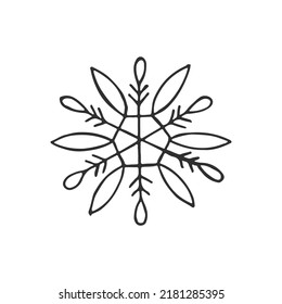 Eine handgezeichnete Schneeflocke. Vektorgrafik im Doodle-Stil. Winterstimmung. Hallo 2023. Frohe Weihnachten und glückliches neues Jahr. Schwarzes Element auf weißem Hintergrund.