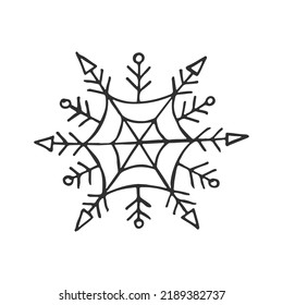 Un copo de nieve dibujado a mano. Ilustración vectorial en estilo doodle. Ánimo de invierno. Hola 2023. Feliz Navidad y Feliz Año Nuevo. Elemento negro sobre fondo blanco.
