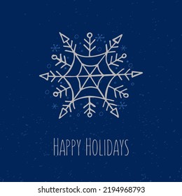 A hand-drawn snowflake. Vector illustration in doodle style. Winter mood. Hello 2023. Merry Christmas and Happy New Year. Gray element on a blue background.