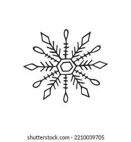 A hand-drawn snowflake. Vector illustration in doodle style. Winter mood. Hello 2023. Merry Christmas and Happy New Year. Black element on a white background.