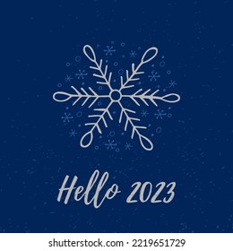 A hand-drawn snowflake. Vector illustration in doodle style. Winter mood. Hello 2023. Merry Christmas and Happy New Year. Gray element on a blue background.