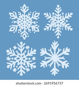 Vector de copo de nieve dibujado a mano sobre fondo azul para diseños invernales y navideños, con delicadas Formas blancas simétricas perfectas para estampas estacionales, Fondos de pantalla o patrones de tela.