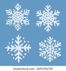 Vector de copo de nieve dibujado a mano sobre fondo azul para diseños invernales y navideños, con delicadas Formas blancas simétricas perfectas para estampas estacionales, Fondos de pantalla o patrones de tela.