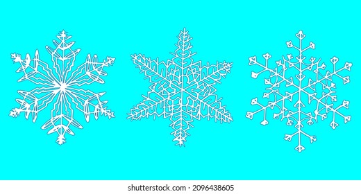 Copos de nieve hechos a mano. Tres copos de nieve diferentes y decorativos. Ilustración vectorial para diseño web, sitios web, fondos e impresión.