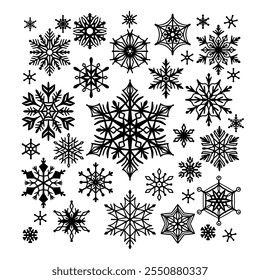 Hand-Drawn Snowflakes Vector Set Black on White Background