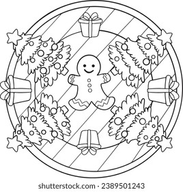 Obtenido a mano. Dibujo de Snowman y mandala de árbol. Dibujo de Doodles para Feliz Navidad o Feliz Año Nuevo. Página de colorear para adultos y niños.