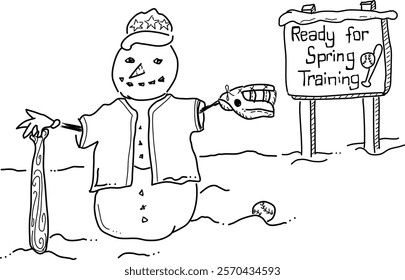 Hand-drawn snowman playing baseball vector. "Ready for Spring Training" sign. Winter inspiration for baseball players looking forward to the spring. 