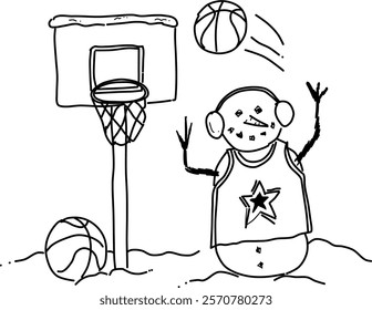 Hand-drawn snowman playing basketball vector. Snowman defending the hoop on a white background. Fun winter scene for basketball fans.