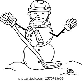 Hand-drawn snowman playing hockey vector doodle. Hockey stick, helmet, puck, and snowman on white background. Fun winter scene for hockey fans. 