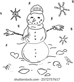 Hand-drawn snowman vector doodle. A snowman, snowflakes, and birds on a white background. Fun, heartwarming, winter illustration.