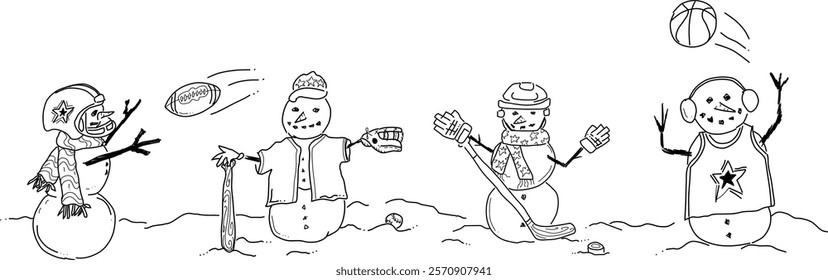 Hand-drawn snowman vector doodles. Football, baseball, hockey, and basket snowmen on a white background. Fun winter scene for sports fans. 