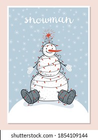 Hand-drawn snowman wrapped in a burning garland sits on a snowy hill in felt boots with a red carrot instead of a nose and in white gloves, snowflakes are falling. Vector stock illustration in blue co