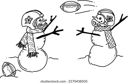 Hand-drawn snowmen playing football vector doodle. Two snowmen playing catch in the snow. Fun winter scene for football fans.