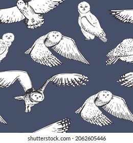 Hand-drawn snowy owls. Vector seamless  pattern.