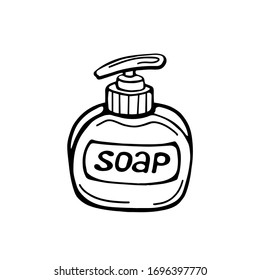 hand-drawn soap bottle isolated on a white background. Vector illustration in Doodle style. Natural soap, toiletries.
