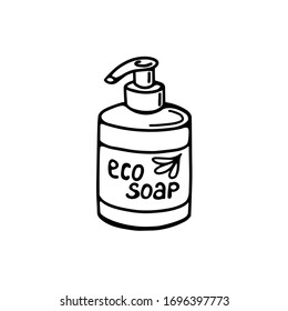hand-drawn soap bottle isolated on a white background. Vector illustration in Doodle style. Natural soap, toiletries.