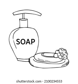 botella de jabón extraída a mano aislada en un fondo blanco. Ilustración vectorial en estilo Doodle. Jabón natural, productos de aseo.
