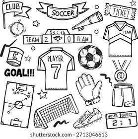 Colección de Elementos de juego de fútbol dibujado a mano . Ilustración vectorial
