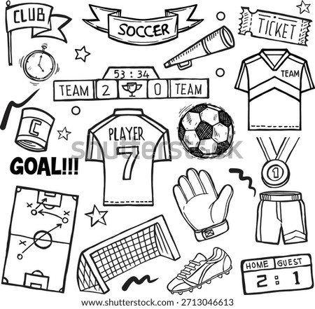 Hand-Drawn Soccer Game Elements Collection . Vector illustration