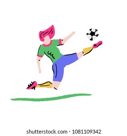 Handdrawn soccer player in action. Vector concept for football championship