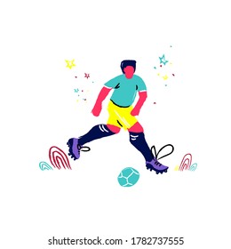 Handdrawn soccer player in cartoon style. Doodle running sportsman on footbal field. Trendy vector illustration 