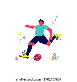 Handdrawn soccer player in cartoon style. Doodle running sportsman on footbal field. Trendy vector illustration 
