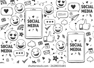Hand-drawn social media elements seamless pattern.
