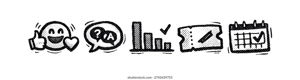 Hand-drawn social media feedback and event planning icons, representing engagement, and tickets.