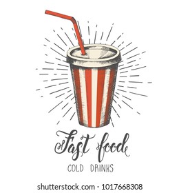 Hand-drawn soda isolated on white. Trendy element for fast food menu. Hand made lettring. Vector object. Sketch, engraving