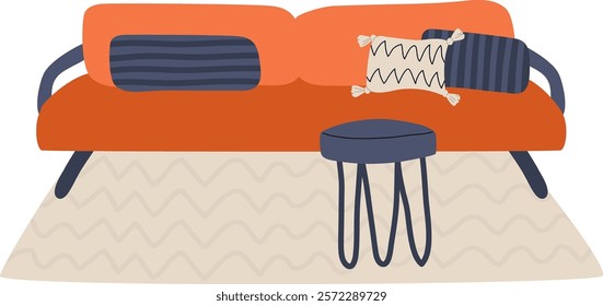 Handdrawn Sofa With Stool Interior Vector Illustration