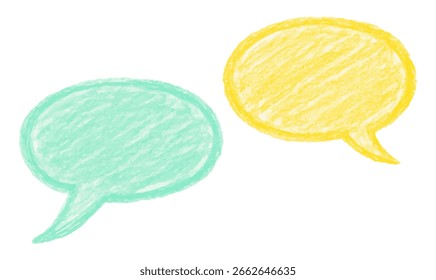 Burbujas de discurso azul y amarillo suave dibujadas a mano con textura de lápiz o tiza de crayón. Estilo de doodle de dibujos animados