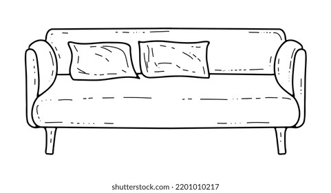 Hand-drawn soft sofa with pillows on four legs in doodle style. An element of the interior. . Vector illustration
