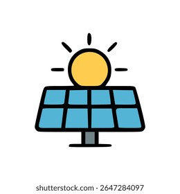 Hand-Drawn Solar Panel with Yellow Sun Icon Generating Renewable Green Energy in Minimalist Style